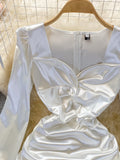 Gbolsos Autumn New Celebrity Sexy Square Neck Satin Dresses Long Sleeve Women White Hip Wrap Slim Pleated Mini Short Dress