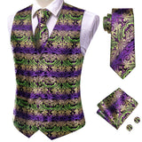 Gbolsos Hi-Tie Burgundy Paisley Floral Silk Men's Slim Waistcoat Necktie Set For Suit Dress Wedding 4PCS Vest Necktie Hanky Cufflink Set