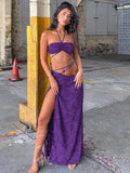 Sexy Lace Up Crop Top Split Long Skirt Purple 2 Piece Sets Women   Summer Backless Matching Sets Beach Holiay Lady Dresses