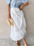 Boho Elegant White Long Skirt Women Hook Flower Hollow Folds Hem High-waisted Skirts Casual Holiday Female Clothes