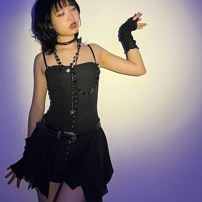 Gbolsos E-girl Harajuku Grunge Mini Dress Y2K Aesthetics Fairy Sexy Low Cut Front Hook Irregular Hem Backless Corset Dress Streetwear