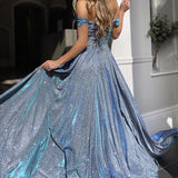 Gbolsos Blue Off-Shoulder Full Skirt Maxi Dress Summer Elegant Vintage Evening Dress