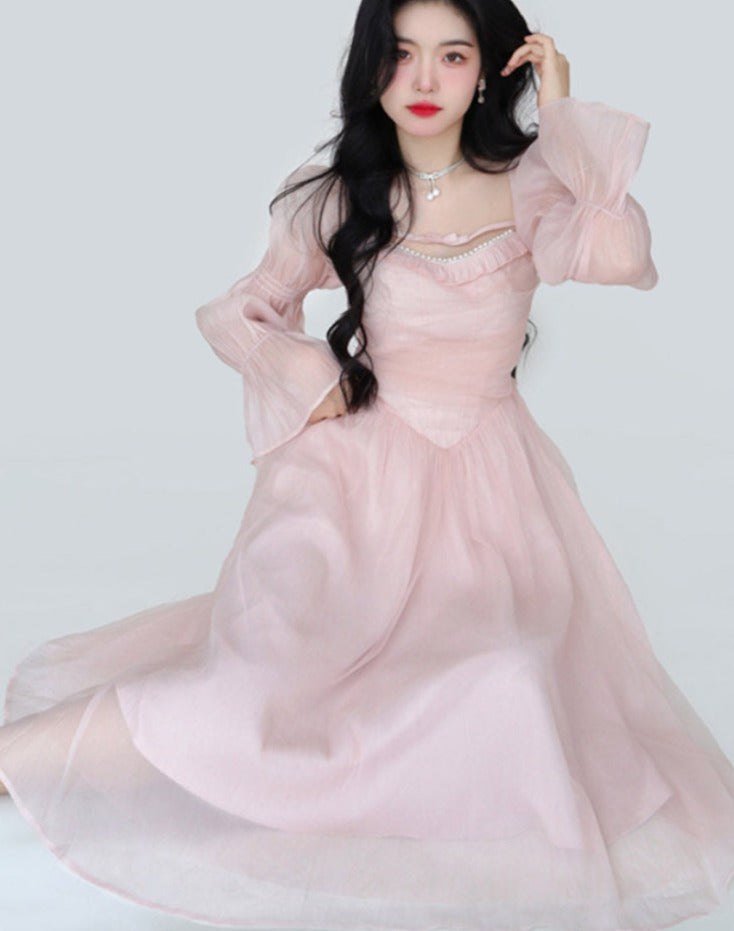 Gbolsos Elegant Evening Party Midi Dress Women Bubble Sleeve French Vintage Sweet Dress Female Pink Korean Style Fairy Dress Autumn