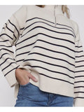 Gbolsos Casual Knitted Sweater Autumn Femme Vintage V Neck Striped Loose Elegant Pullover Chic Jumper Women's Long Sleeve Top