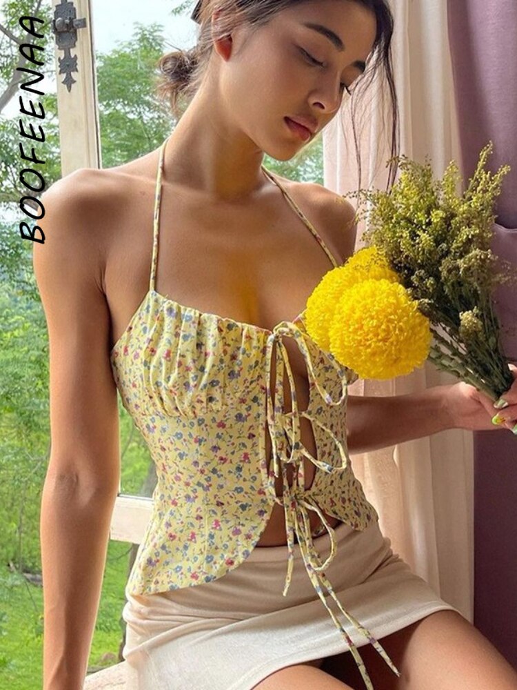 Sexy Halter Hollow Lace Up Floral Print Crop Tops Women  Summer Tie Up Backless Camisole Boho Casual Beach Holiday Top Yellow
