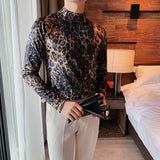 Gbolsos Flannel T-shirt Winter Men High Collar Pullover Fashion Leopard Slim Fit T-shirt Long Sleeved Velvet Casual Bottoming Shirt