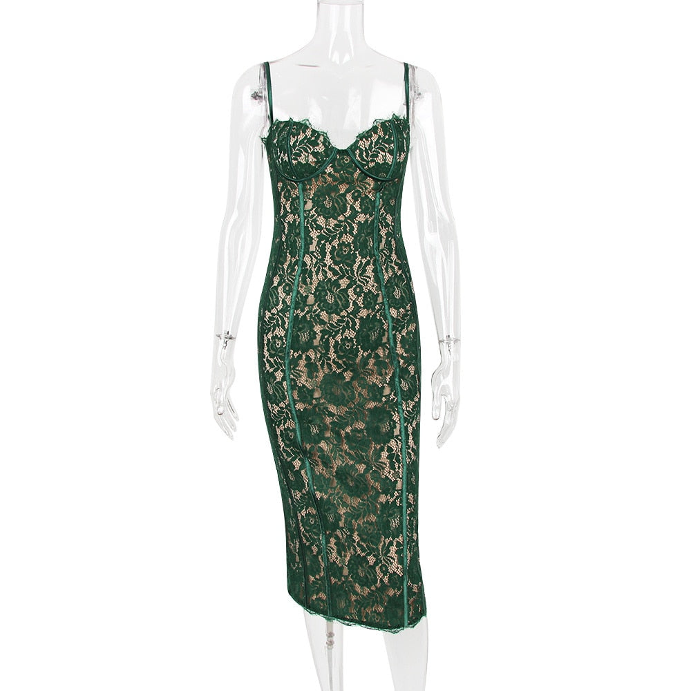 Gbolsos Elegant Lace Spaghetti Strap Sexy Midi Dress For Women Fashion Sleeveless Backless Club Party Print Long Dress Vestido