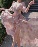 Gbolsos Floral Summer Dress New Fashion Fairycore Puff Sleeve Ball Gown Birthday Dress for Women Short Sleeves Midi Dress