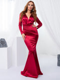 Deep V Neck Full Sleeved Pleated Long Evening Party Dress Stretch Satin Floor Length Event Gown Prom Robe