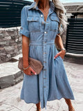 Gbolsos Women Sexy Button V Neck Washing Denim Dress Casual Summer Short Sleeve Long Dress Spring Vintage Fashion Jean Party Dress