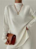 Fashion Half-high Collar Green Sweater Suit for Women   Autumn Winter Casual Long-sleeved Loose White Knitted 2 Piece Set