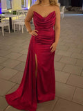 Strapless Ruched Long Satin Maxi Dress Formal Sleeveless Pleated Side Slit Mermaid Backless Prom Gown