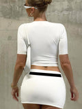 Fashion O Neck Short Sleeve White Crop Top + Bodycon Mini Skirt Hot Girls Suit   Casual Solid Color Print Club Streetwear