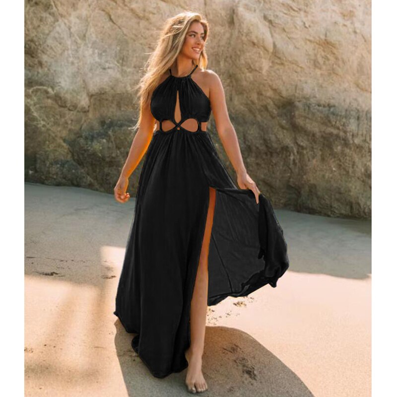Backless Beach Maxi Dress Sexy Halterneck Split Sleeveless A-line Women Dresses Fashion Neck-mounted Robe   Summer