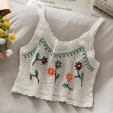 OUMEA Women Summer Crochet Camis Crop Top Floral Embroidery Cute Sleeveless Beach Sweet Retro Tops Vintage Floral Cotton Tops