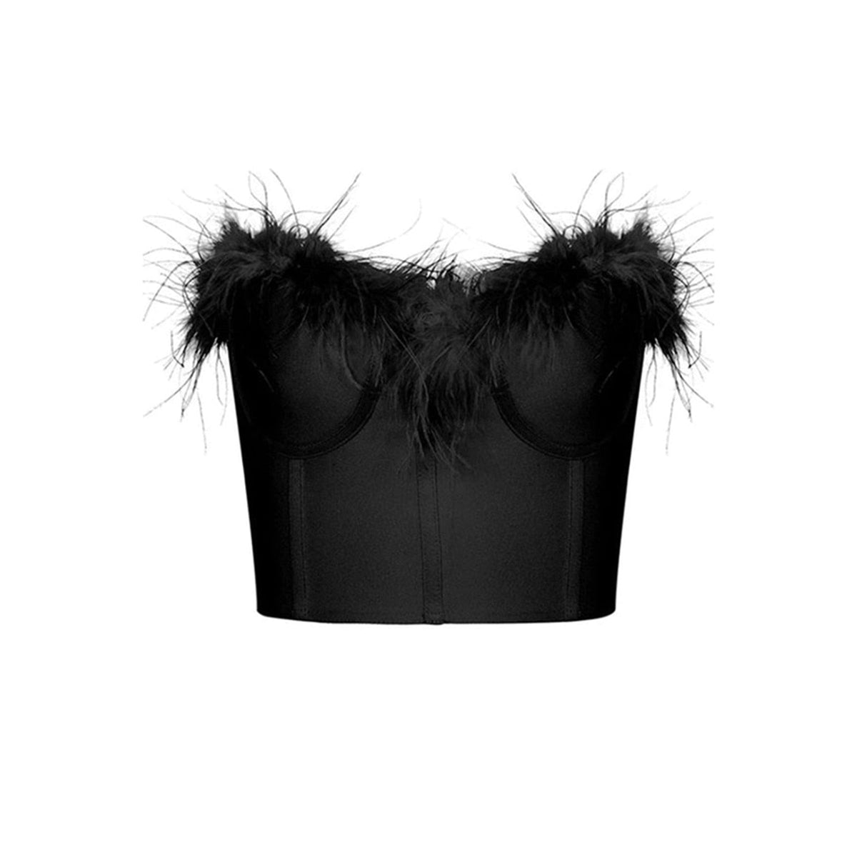 Gbolsos Women Tube Tops Solid Color Feather Furry Trim Sleeveless Off Shoulder Backless Back Zipper Slim Fit Crop Tops