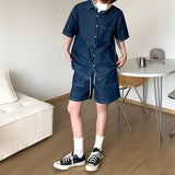 Gbolsos Summer Blue Denim Set Men Fashion Oversized Short Sleeved Shirt/shorts Two-piece Mens Streetwear Korean Loose Short Sets Men