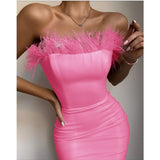 New Summer Sexy Strapless Backless Feather Black Midi Women Bodycon Bandage Dress   Designer Fashion Party Club Dress Vestido