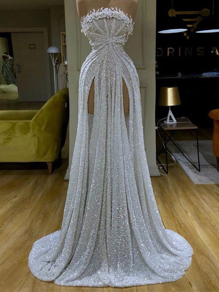 Gbolsos Luxury White Prom Dresses Sexy Withtout Sleeves  Strapless High Split Formal Evening Dresses Gowns  Robe De Soir¨e