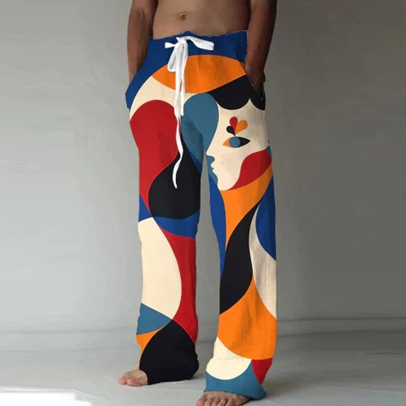 Gbolsos Vintage Digital Printing Loose Trousers Men Drawstring Mid Waist Casual Pants 2023 Spring Fashion Streetwear Long Pant For Male