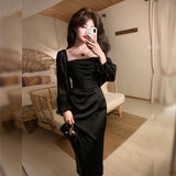 Gbolsos Autumn Solid Elegant Fairy Dresses Women Casual Party Fashion Korean One Piece Dress Female Lace Vintage Chic Midi Dresses