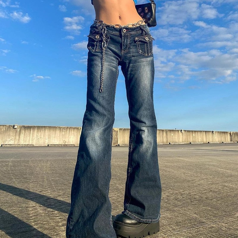 Gbolsos Y2K Aesthetics Retro Buttons Full Length Blue Denim Pants Women Slim Streetwear 2000s Cute Pockets Trim Low Rise Jeans