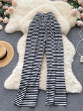 Gbolsos White and Black Striped Long Pants Women  New Retro Style Lace-up Elastic Waist Hole Wide Leg Casual Full Length Trousers