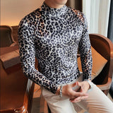 Gbolsos Flannel T-shirt Winter Men High Collar Pullover Fashion Leopard Slim Fit T-shirt Long Sleeved Velvet Casual Bottoming Shirt