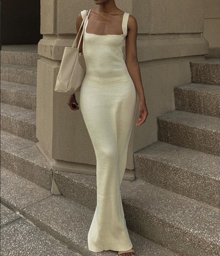 Gbolsos Sexy Square Neck Sleeveless Long Maxi Dress for Women Summer Vacation Rib Knit Bodycon Dresses White Elegant Party Outfits