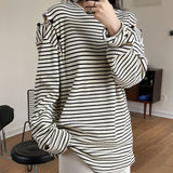 Gbolsos Spring And Autumn Women's Casual Striped Sweatshirt Round Neck Long-sleeved Off-the-shoulder Loose Sweater