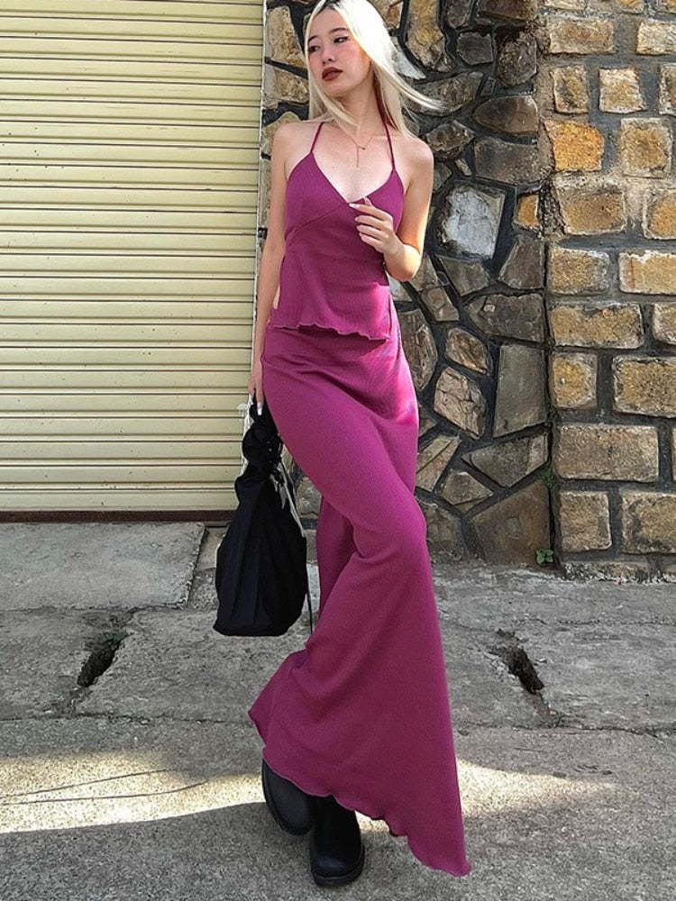 Y2k Sexy Halter Top + Long Skirt Two Piece Sets Matching Set Outfits for Women   Summer Backless Bandage Rose Red Maxi Dress