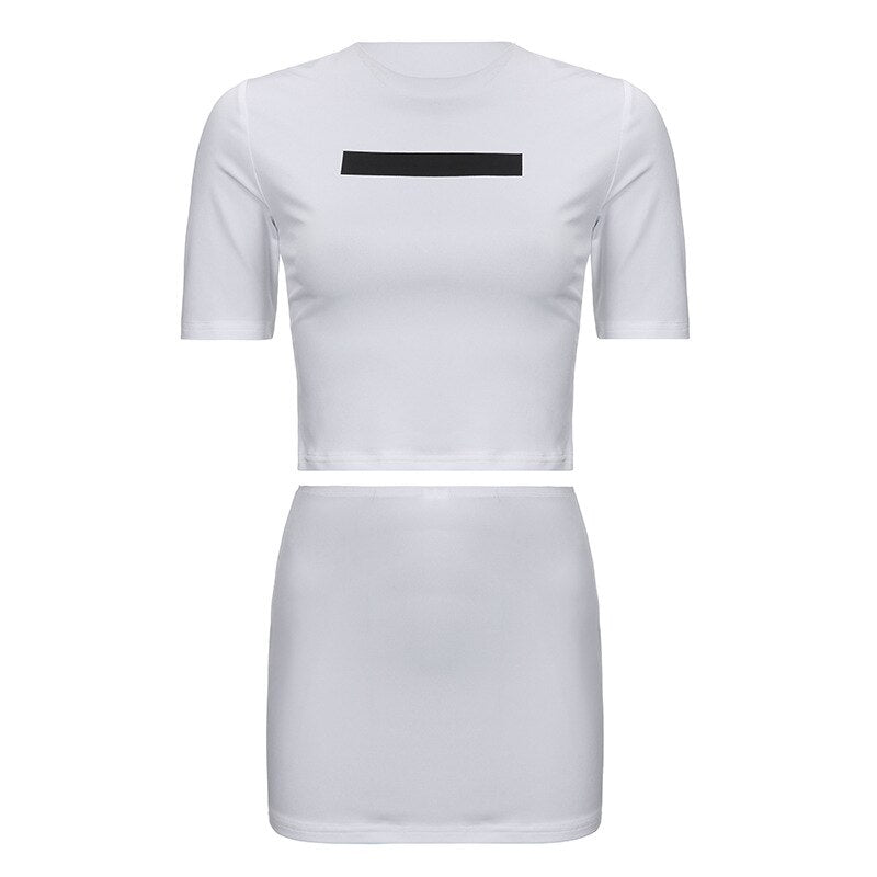 Fashion O Neck Short Sleeve White Crop Top + Bodycon Mini Skirt Hot Girls Suit   Casual Solid Color Print Club Streetwear