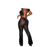 Gbolsos Summer Nightclub Halterneck See Through Mesh Jumpsuit Woman Sexy Strappy Hollow Stitching Flared Trouser Romper