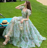Gbolsos Vintage Floral Evening Midi Maxi Dresses for Women Elegant Casual Party Prom Green Holiday Princess Fairy Long Dress Summer