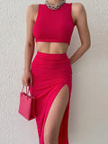 BOOFEENAA Sexy Two Piece Set Split Long Skirt and Top Party Night Club Outfits for Women Matching Sets Hot Summer Dress C81-DZ30
