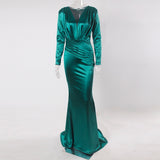 Deep V Neck Full Sleeved Pleated Long Evening Party Dress Stretch Satin Floor Length Event Gown Prom Robe