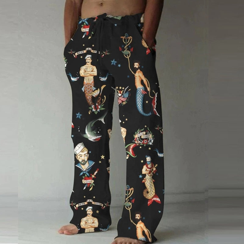 Gbolsos Vintage Digital Printing Loose Trousers Men Drawstring Mid Waist Casual Pants 2023 Spring Fashion Streetwear Long Pant For Male
