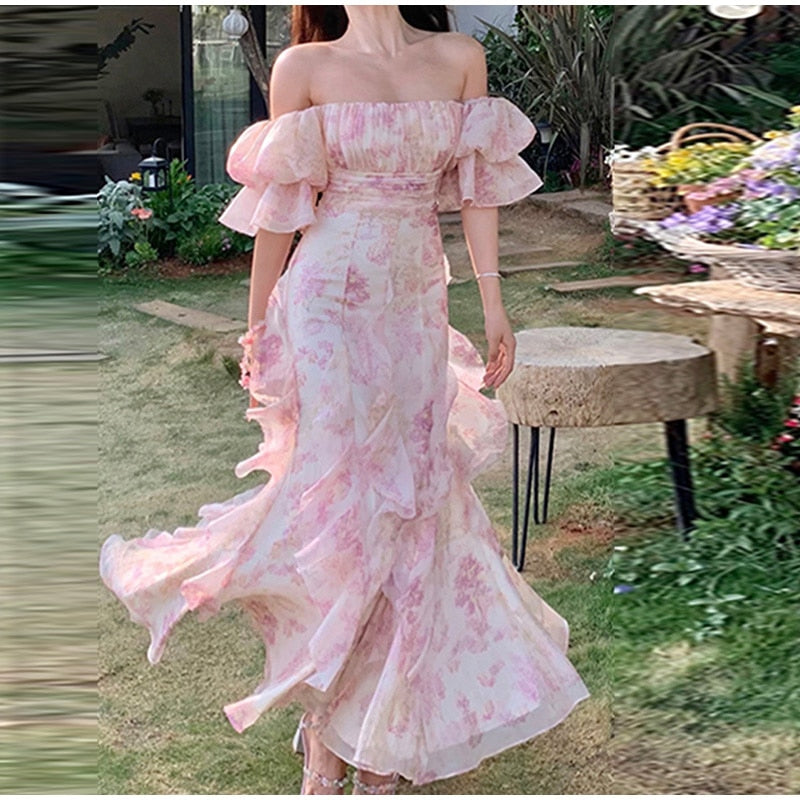 Gbolsos Floral Sweet Women Midi Dress Mesh Elegant Slash Neck Korean Summer Female Dresses Petal Sleeve Fashion Lady Vestido New