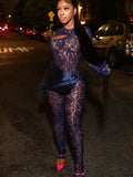 Gbolsos Y2K Neon Sexy Hollow Out See Through Long Sleeve Jumpsuits with Gloves Women   Summer Skinny Club Romper High Street Outfits