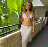 Gbolsos Summer Knit Long Skirt Women Sexy Holiday Party Beach Cove-Up Midi Skirts Dropped Waist See Through Wrap White Maxi Skirt