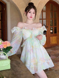 Gbolsos France Sweet Tie-dyed Fairy Dress Women Elegant Chic Ruffles V-Neck Long Sleeve Princess Dresses Female Casual Beach Vestidos