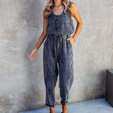 Gbolsos Fashion Office Long Pant Overalls Summer Sleeveless Button Pocket Denim Jumpsuit Female Casual Drawstring Waist One-Piece Romper