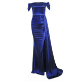 Off the Shoulder Ruched Long Satin Maxi Dress with Ribbon Formal Pleated Leg Split Prom Gown