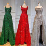 Gbolsos Luxury Prom Dress High Side Slit Square Collar Sequined Tulle Sleeveless Mermaid Red Elegant Evening Gowns