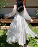Gbolsos Elegant Maxi Dresses For Women White Off Shoulder Puff Long Sleeve Elastic High Waist Party Gown Ruffle Holiday Dress