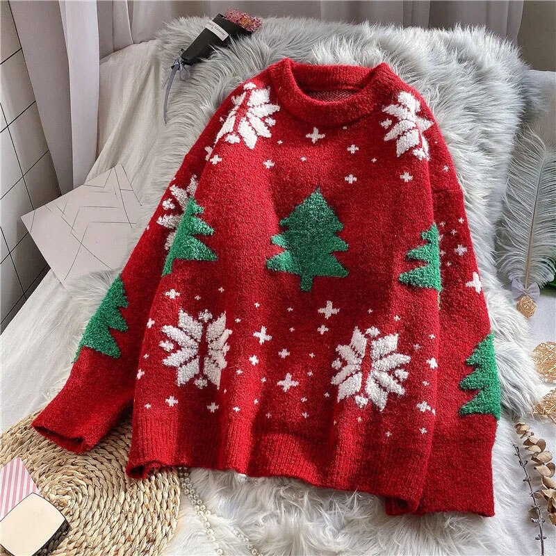 Gbolsos Sweater Women Christmas Red Pullover Knitwear Korean Loose Fluffy Top Trending Sweater Autumn and Winter Lazy Wind Round Neck