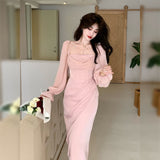 Gbolsos Autumn Solid Elegant Fairy Dresses Women Casual Party Fashion Korean One Piece Dress Female Lace Vintage Chic Midi Dresses