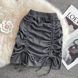Gbolsos Draw String Cotton Mini Skirt Girls Summer Elastic Waist Grey Black Split Folds Skirts Women Sexy Bottoms