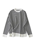 Gbolsos Casual Knitted Sweater Autumn Femme Vintage V Neck Striped Loose Elegant Pullover Chic Jumper Women's Long Sleeve Top