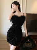 Gbolsos Temperament Dresses Women Spaghetti Strap  Furry Patchwork V Neck Sexy Elegant Slim Sequins Black Party Dress Ladies